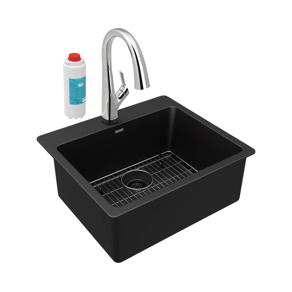 Elkay Quartz Classic 25'' x 22'' x 9-1/2'', Single Bowl Drop-in Sink Kit with Filtered Faucet, Black