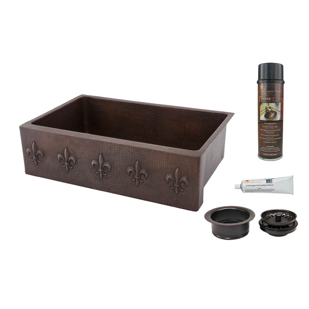 Premier Copper Products 33'' Hammered Copper Kitchen Apron Single Basin Sink w/ Fleur De Lis with Matching Drain and Accessories
